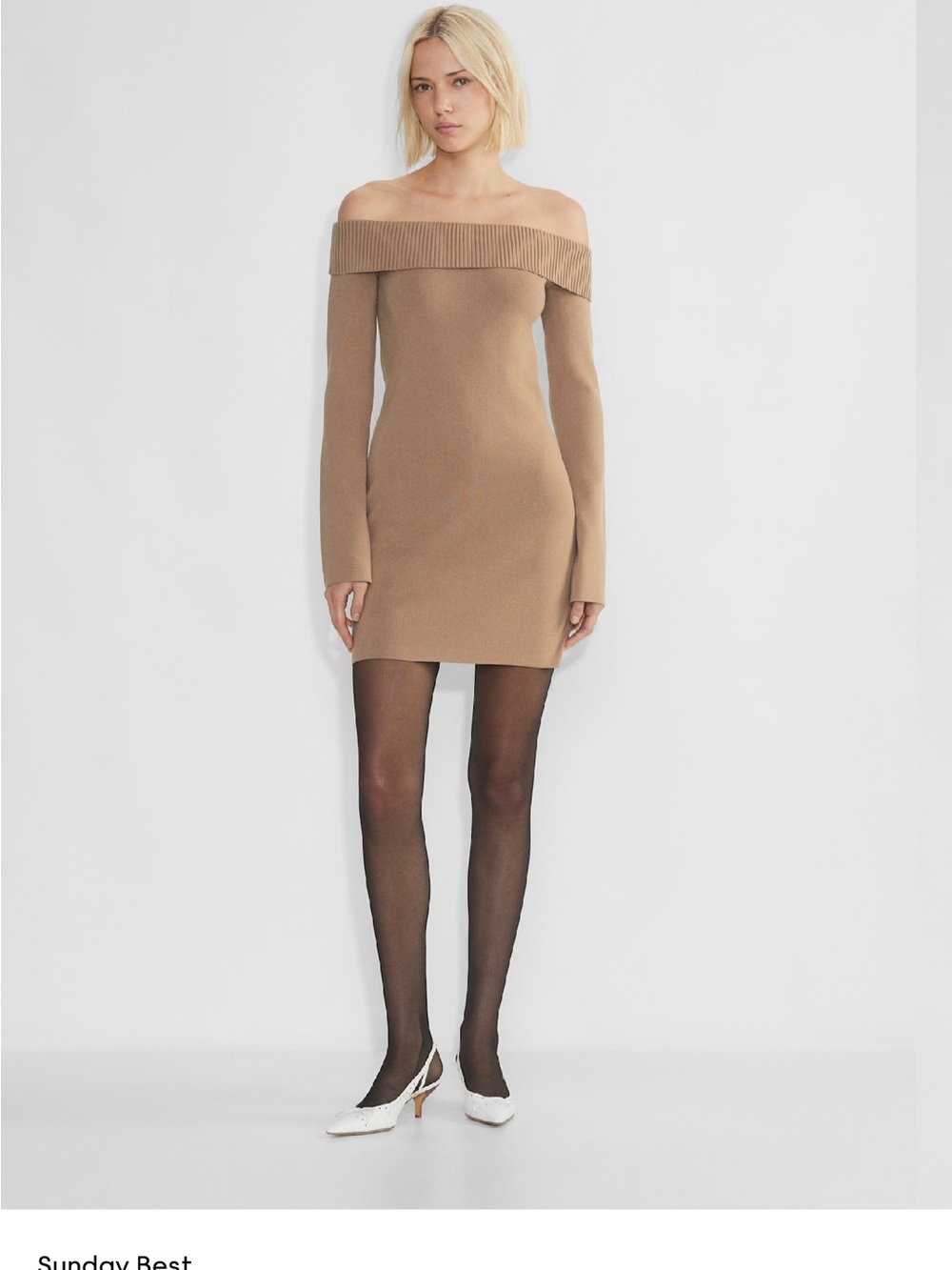 NWT Sunday Best Aritzia Off-Shoulder Knit Mini Dress - Constant Camel Sz L